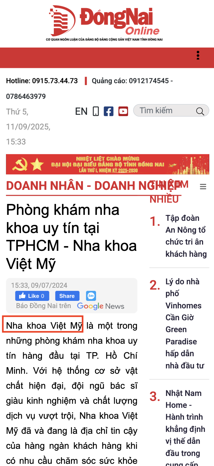 Báo Đồng Nai đưa tin về Nha Khoa Việt Mỹ